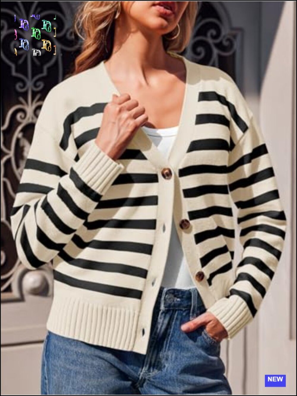 Womens V Neck Button Down Striped Cardigan Sweater Long Sleeve Open Front - Picture 3 of 6